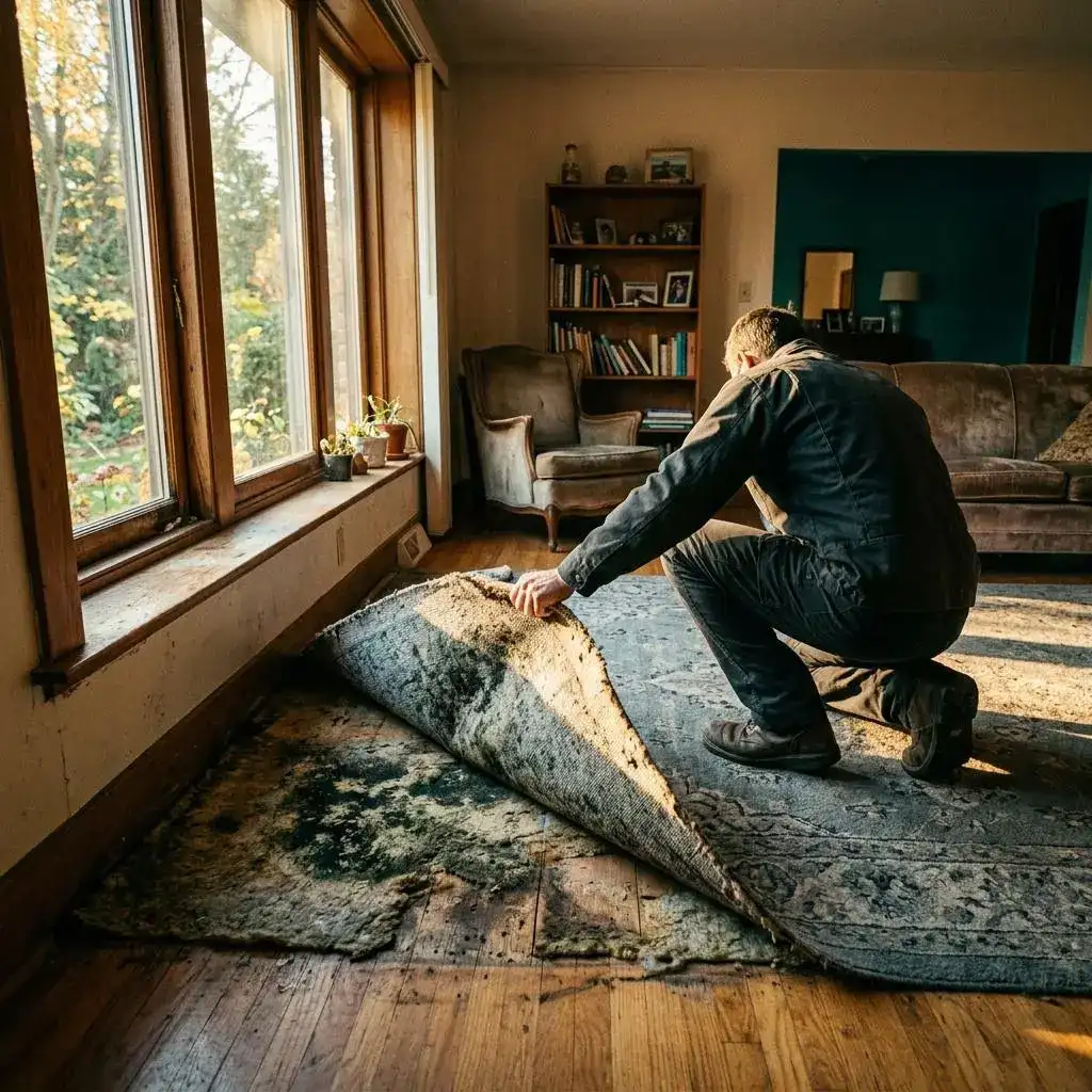 Living room carpet peeled back from a corner revealing mold growth on the padding beneath