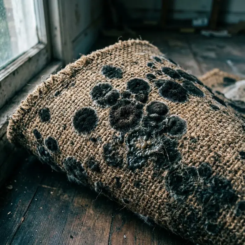 Dark mold colonies on the backing of an overturned carpet